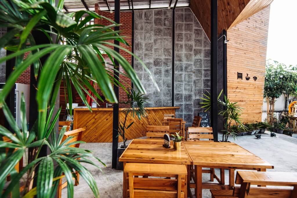 mesas y sillas de madera en una habitación con una planta